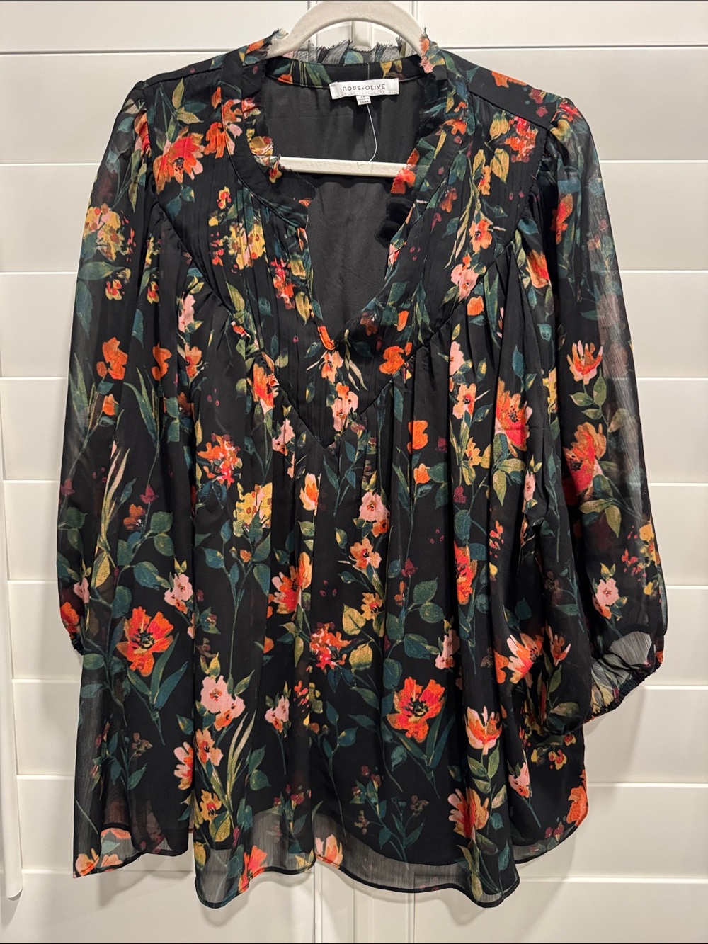 Rose & Olive Black Floral Peasant Blouse with Coral and Pink Blooms